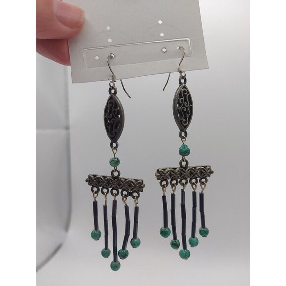 Boho 3.5" Dangle Earrings With Turquoise Beads 70s vintage - Picture 3 of 6
